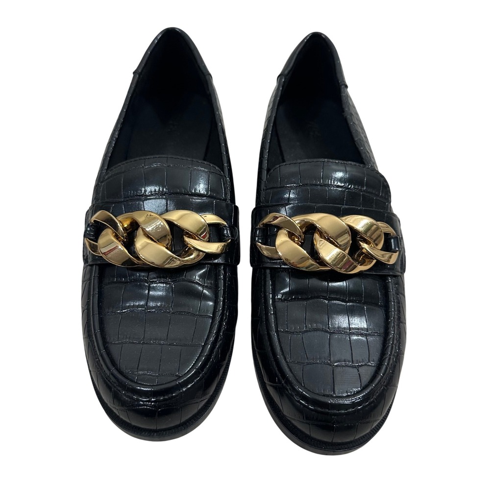 Zara Women's Loafer Black Vegan Leather Croc Chain Gold Embossed Preppy Size 7.5